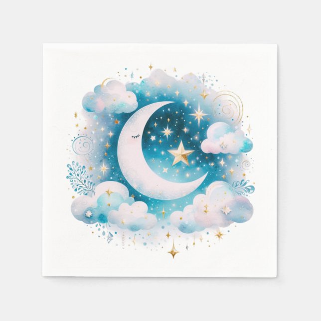 Blau und Weiß Halbmond Celestial Boho Moderne Serviette (Vorderseite)