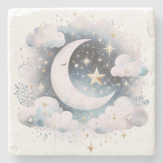 Blau und Weiß Halbmond Celestial Boho Moderne Steinuntersetzer (Vorderseite)