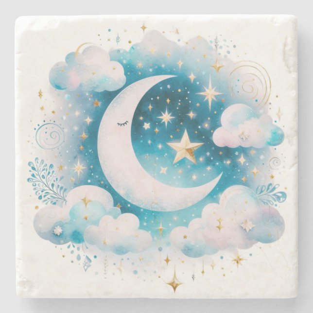 Blau und Weiß Halbmond Celestial Boho Moderne Steinuntersetzer (Vorderseite)