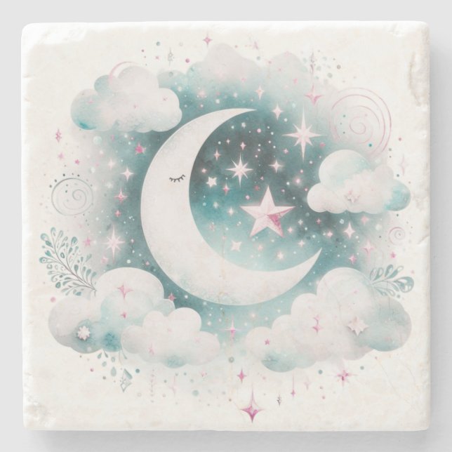 Blau und Weiß Halbmond Celestial Boho Moderne Steinuntersetzer (Vorderseite)