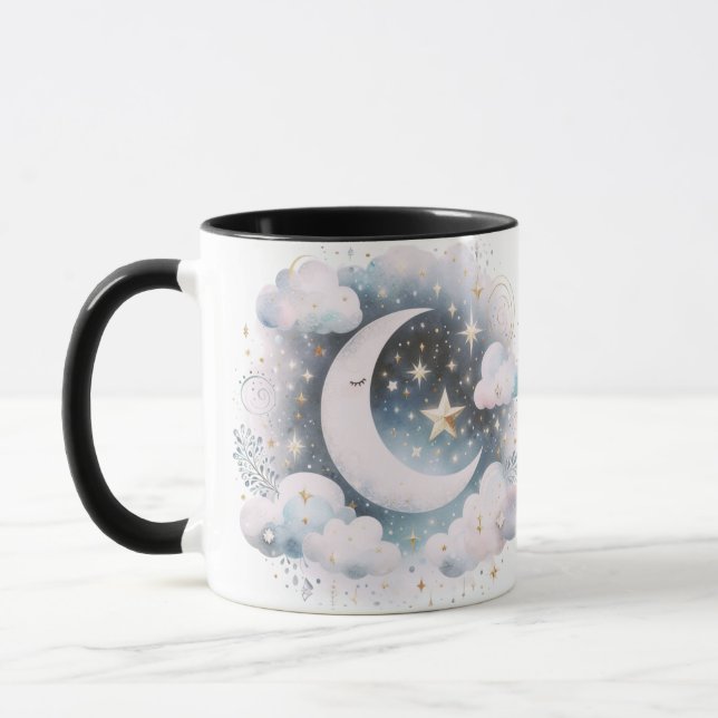 Blau und Weiß Halbmond Celestial Boho Moderne Tasse (Links)