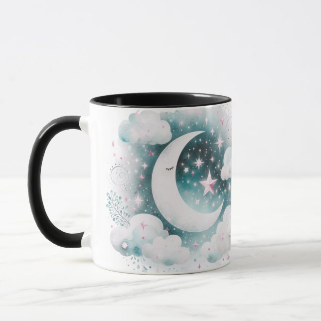 Blau und Weiß Halbmond Celestial Boho Moderne Tasse (Links)