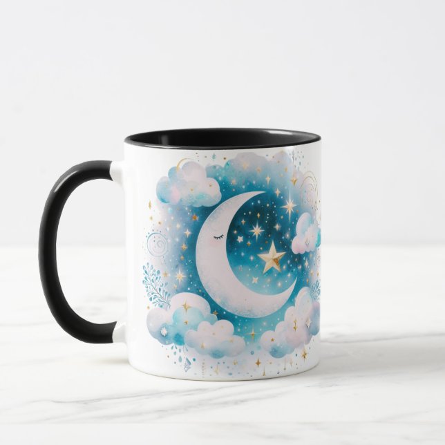 Blau und Weiß Halbmond Celestial Boho Moderne Tasse (Links)