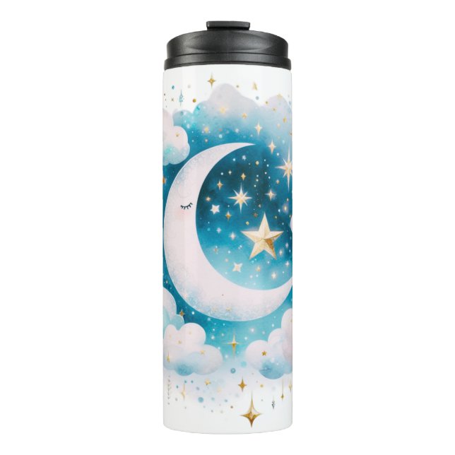 Blau und Weiß Halbmond Celestial Boho Moderne Thermosbecher (Vorderseite)