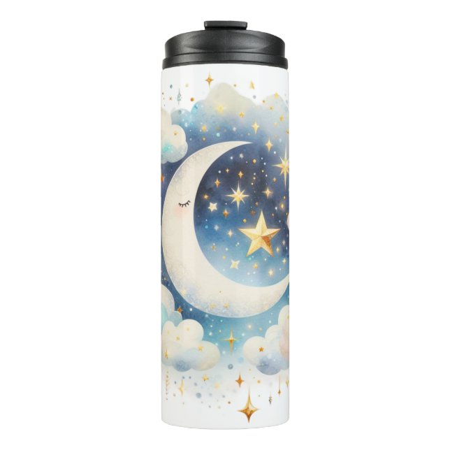 Blau und Weiß Halbmond Celestial Boho Moderne Thermosbecher (Vorderseite)