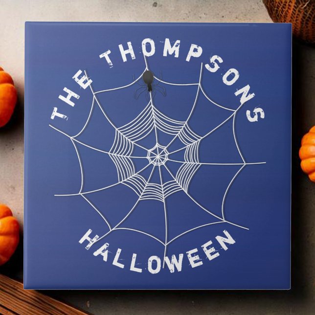 Blau und Weiß Halloween Spooky Custom Fliese (Spooky Halloween blue and white spider web custom tile)