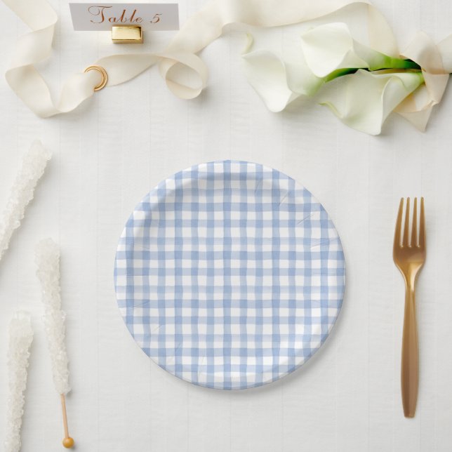 Blau und Weiß Hydrangea Blauer Gingham Pappteller (Hochzeit)