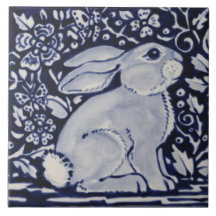 Blau und Weiß Kaninchen Blumendesigner 6" Kunst