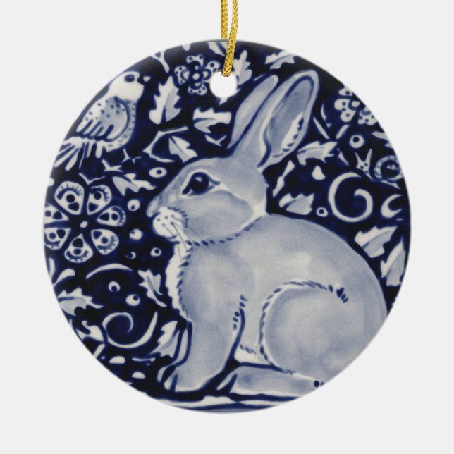 Blau und Weiß Kaninchen mit Vogelfliesen-Design Keramikornament (Vorne)