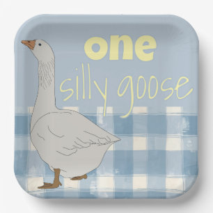 Blau und Weiß Kariert eine Alberne Gans Pappteller