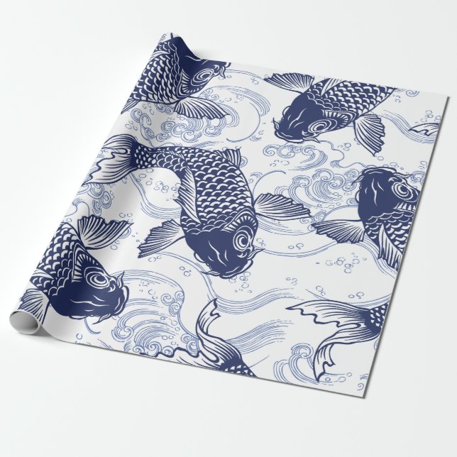 BLAU UND WEISS KOI FISH JAPANESE Wrackpapier Geschenkpapier (Ungerollt)
