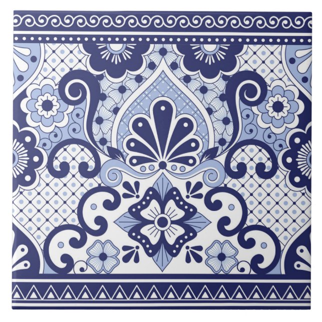 Blau und weiß mexikanische Talavera Folk Art Tile Fliese (Vorderseite)