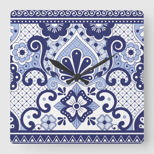 Blau und weiß mexikanische Talavera Folk Art Tile Quadratische Wanduhr (Vorderseite)