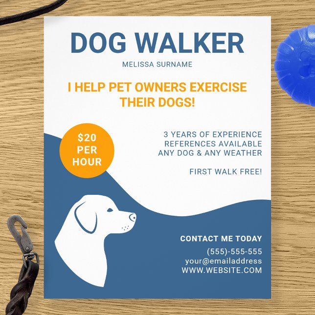 Blau und weiß mit Orange Dog Walker Template Flyer (Von Creator hochgeladen)