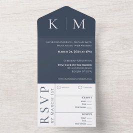Blau und weiß-modern-monogram-Wedding- All In One Einladung