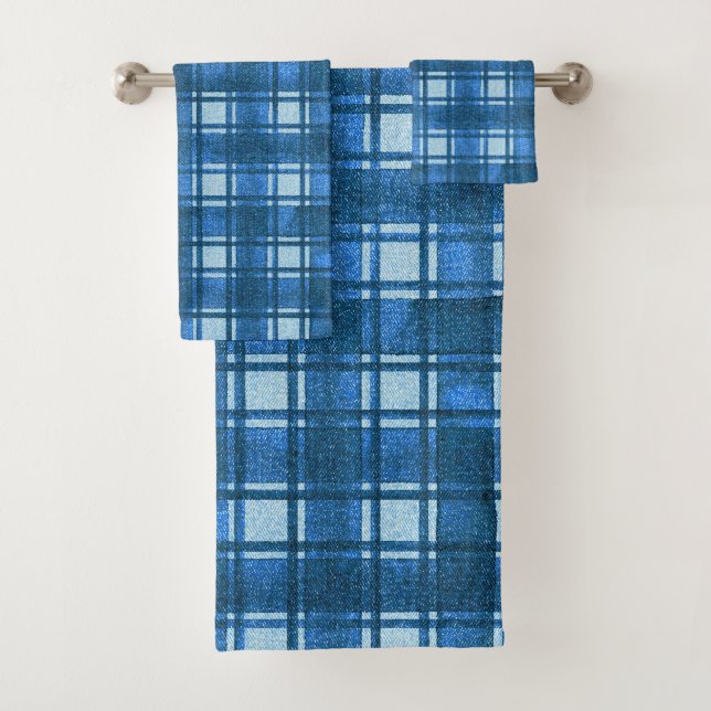 Blau und Weiß Moderne Denim Karierte Muster Badhandtuch Set (Insitu)