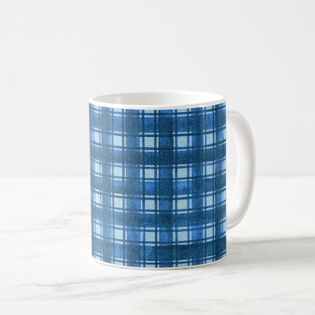Blau und Weiß Moderne Denim Karierte Muster Kaffeetasse (VorderseiteRechts)