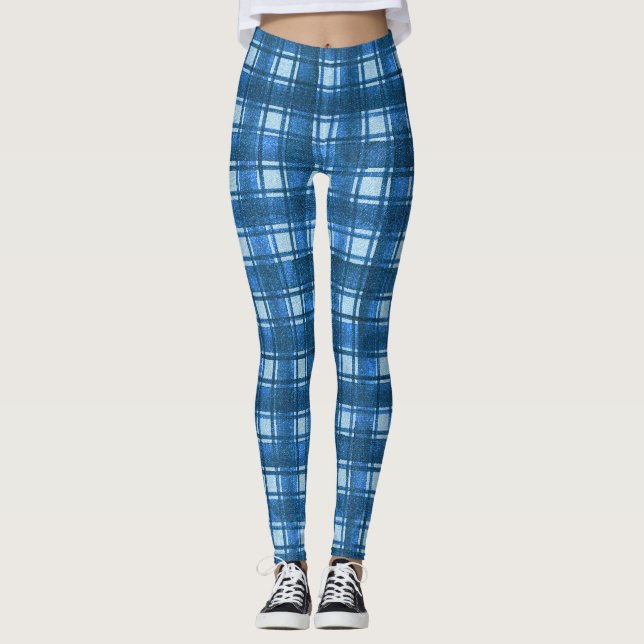 Blau und Weiß Moderne Denim Karierte Muster Leggings (Vorderseite)