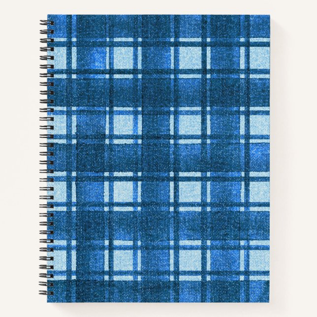 Blau und Weiß Moderne Denim Karierte Muster Notizbuch (Vorderseite)