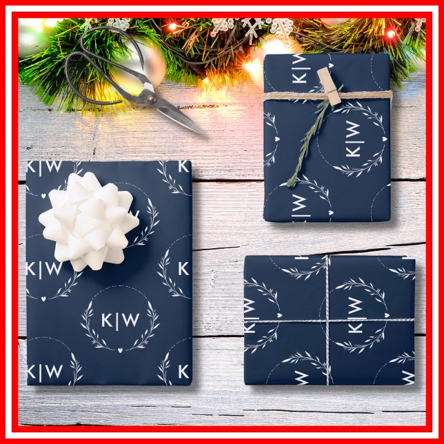 Blau und Weiß | Monogram für moderne Initials Geschenkpapier Set (Von Creator hochgeladen)