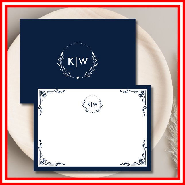 Blau und Weiß | Monogram für moderne Initials Mitteilungskarte (Navy Blue and White | Modern Initials Monogram Note Card)
