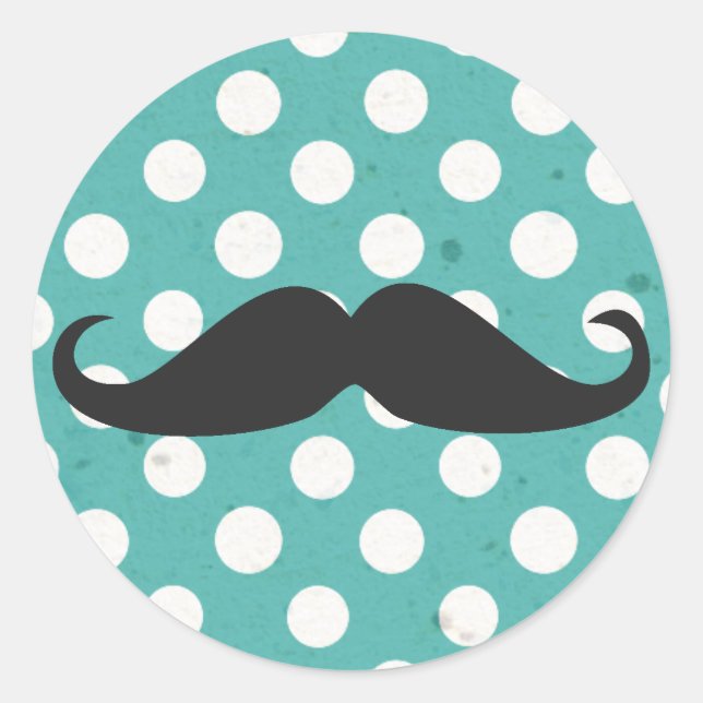 Blau und Weiß Polka Dot Mustache Runder Aufkleber (Vorderseite)