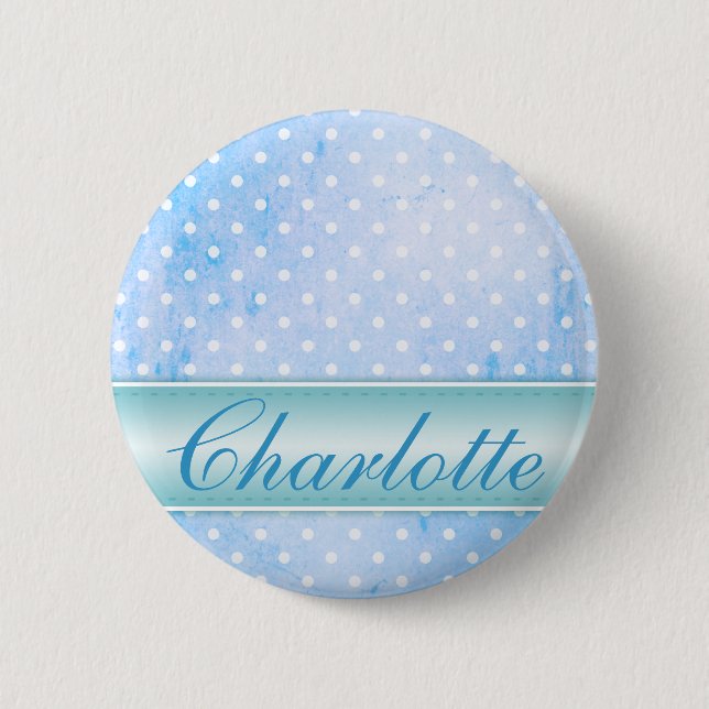 Blau und Weiß Polka Dot Personalisiert Button (Vorderseite)