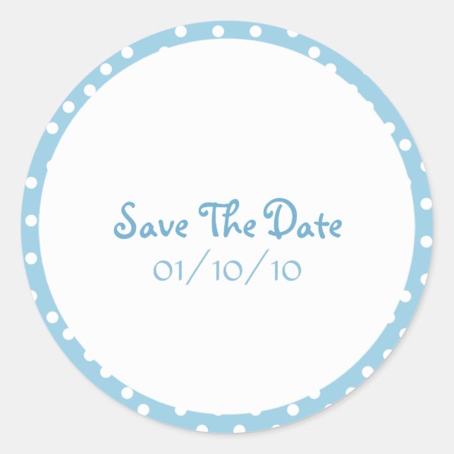 Blau und Weiß Polka Dot Save the Date Aufkleber (Vorderseite)