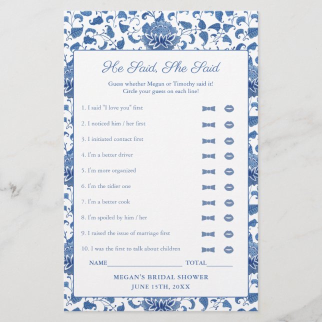 Blau und Weiß sagte er, sie sagte Dusche Spielkart (Vorderseite)