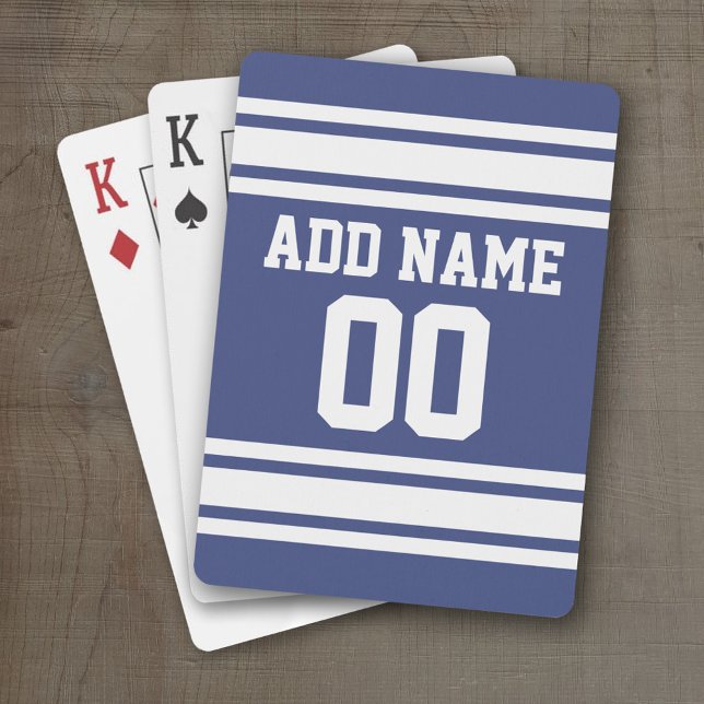 Blau und Weiß Streifen mit Name und Nummer Spielkarten (Personalized Playing Cards - Sports Jersey Design)