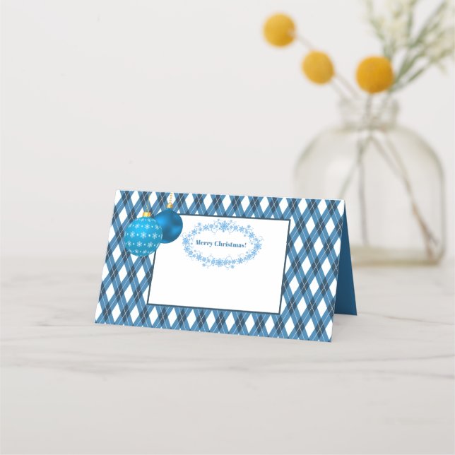 Blau und Weiß Thema Frohe Weihnachten Platzkarte (Vorderseite)