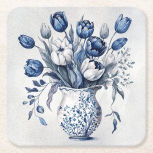 Blau und weiß Tulpenstil im Delft-Stil Rechteckiger Pappuntersetzer
