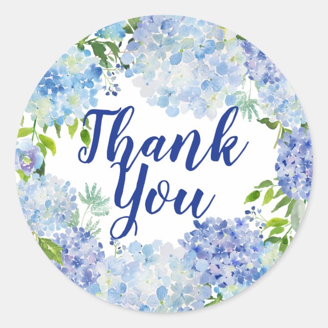 Blau und Weiß Wasserfarben Floral Vielen Dank Runder Aufkleber (Vorderseite)