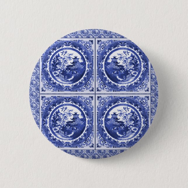 Blau und weiß, Weidemusterentwurf Button (Vorderseite)