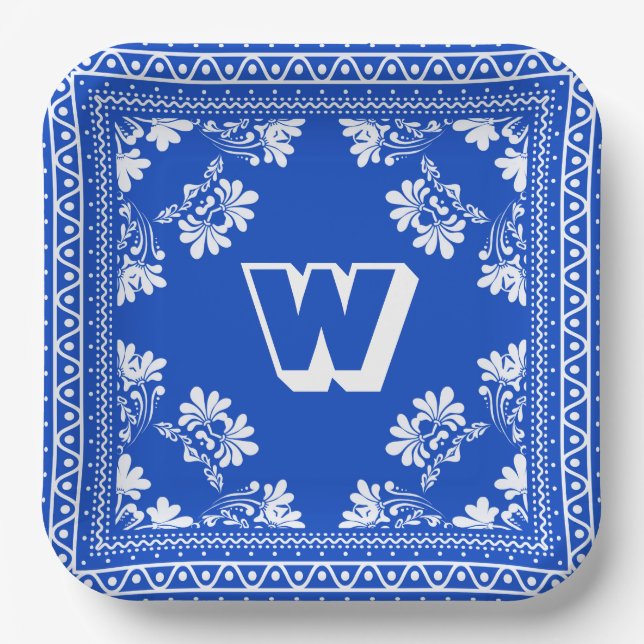 Blau- und Weißbandanasdesign mit Monogramm Pappteller (Vorderseite)