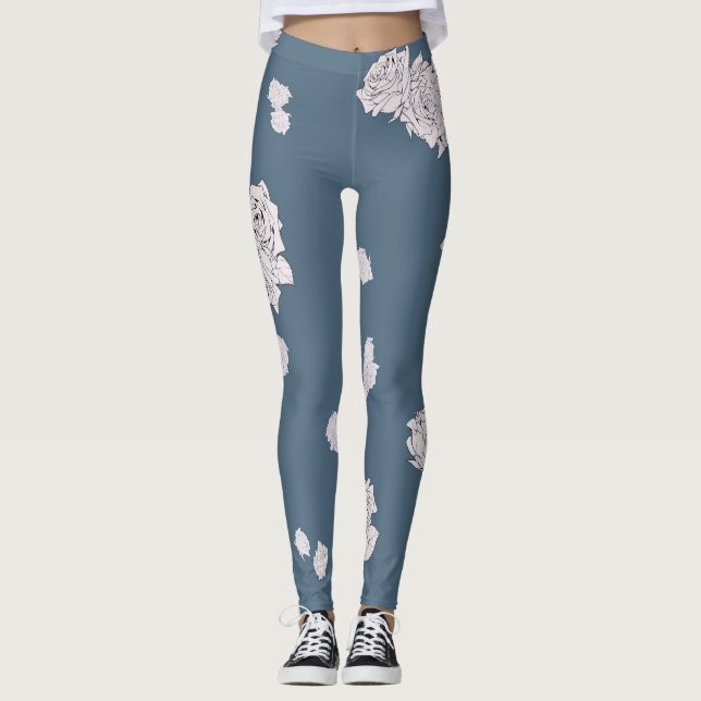 Blau und Weiße Rosen Leggings (Vorderseite)