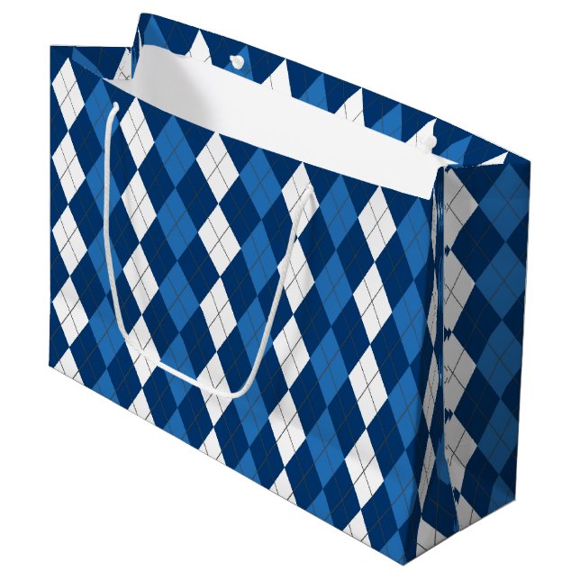 BLAU- UND WEISSER DIAMOND-MUSTER GROßE GESCHENKTÜTE (Vorderseite Schrägansicht)