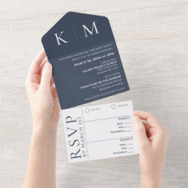 Blau- und Weißmonogramm-Hochzeit All In One Einladung