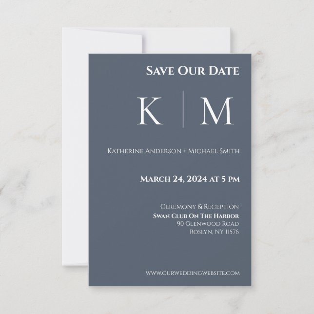 Blau- und Weißmonogramm-Hochzeit Save The Date (Vorderseite)