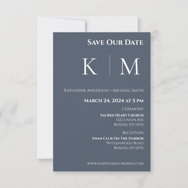 Blau- und Weißmonogramm-Hochzeit Save The Date (Vorderseite)
