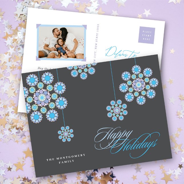 Blau verziert WeihnachtsBlumen-Feiertags-Postkarte Feiertagspostkarte (Elegant Blue Ornamental Christmas Flowers Modern Holiday Postcard @ fat_fa_tin)