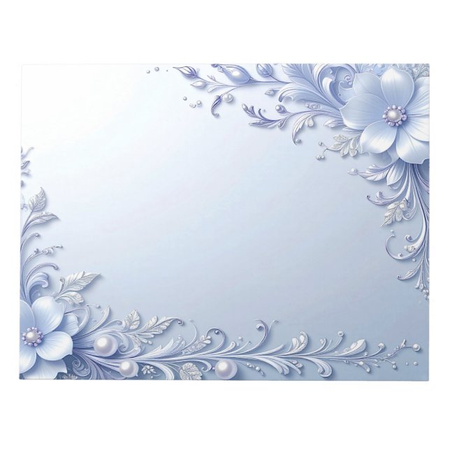 Blau verzierte Blumen mit Perlen Notizblock (Vorderseite)