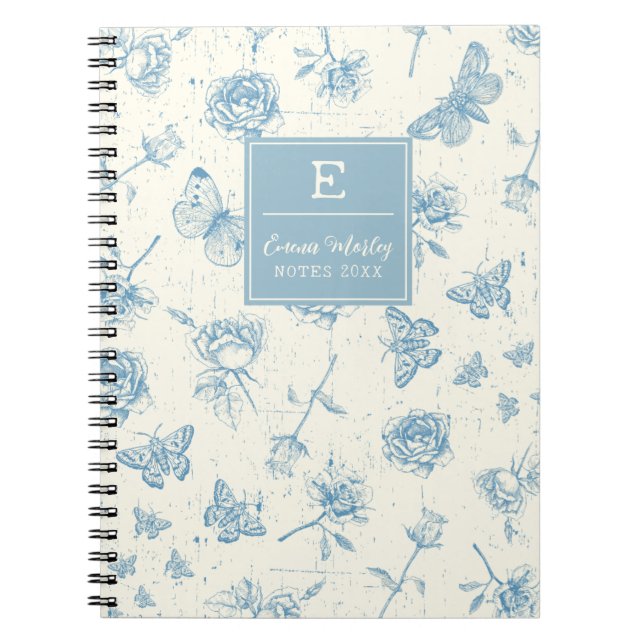Blau Vintag Blumen Mit Monogramm Personalisiert Notizblock (Vorderseite)