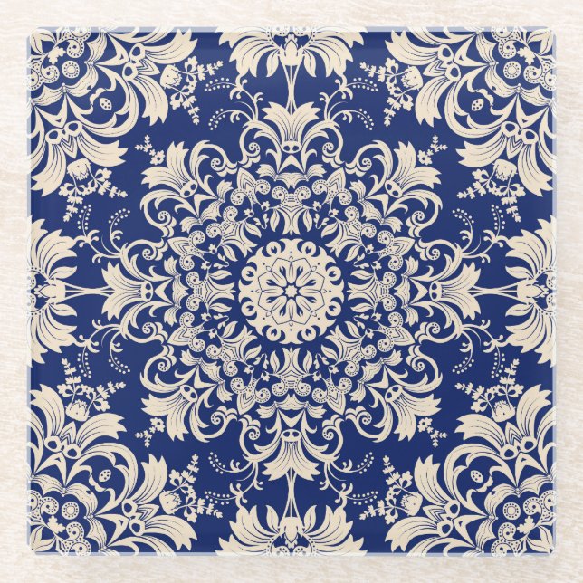 Blau Vintag: Elegantes, nahtloses Muster. Glasuntersetzer (Vorderseite)