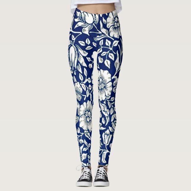 Blau, Vintage Blumenmuster Leggings (Vorderseite)