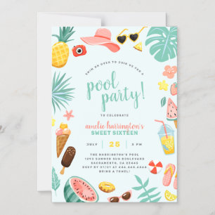 Blau Wassermelone Ananas Tropical Pool Party Magneteinladung