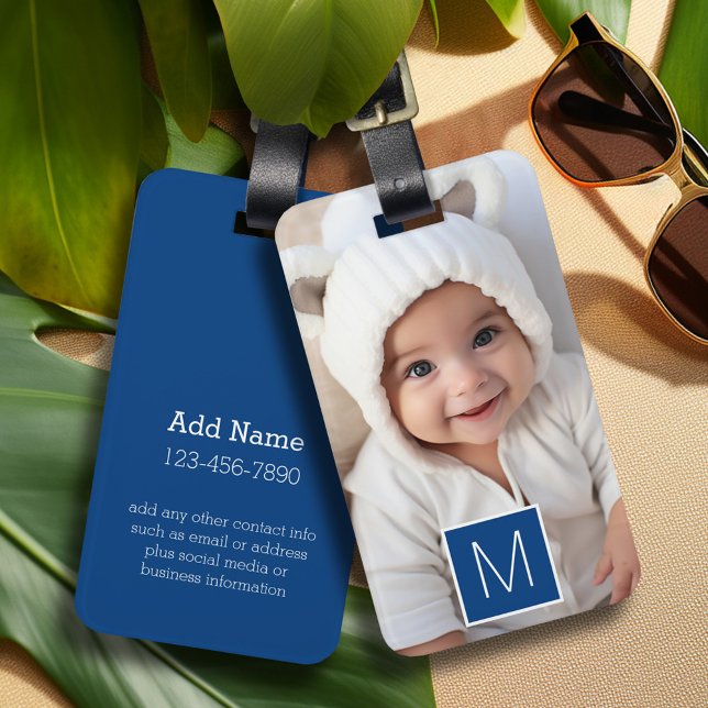 Blau weiß 1 Bild Collage Custom Monogram Gepäckanhänger (Personalized luggage tag with 1 photo and contact information)
