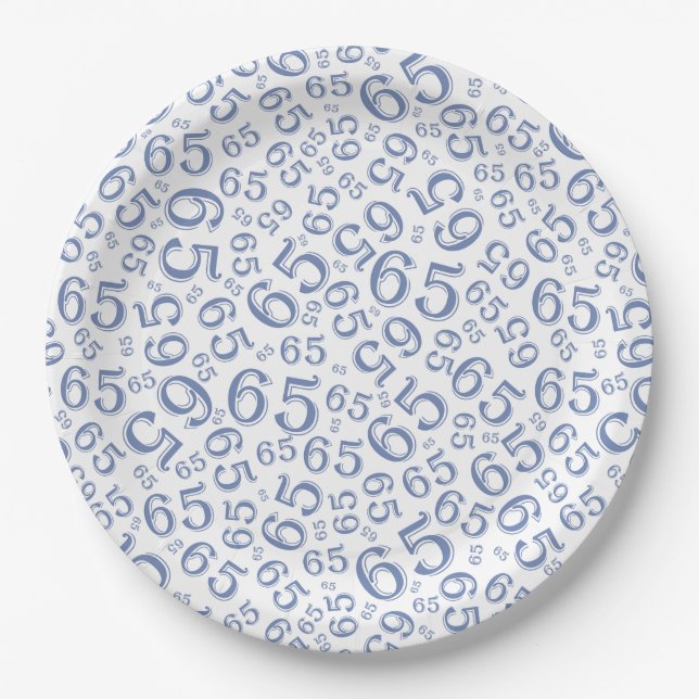 Blau/Weiß 65. Zufallszahlenmuster Pappteller (Vorderseite)