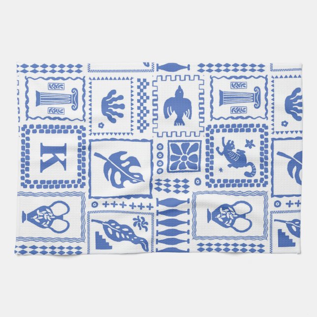 Blau-Weiß abstraktes Monogramm-Geschenk Geschirrtuch (Horizontal)