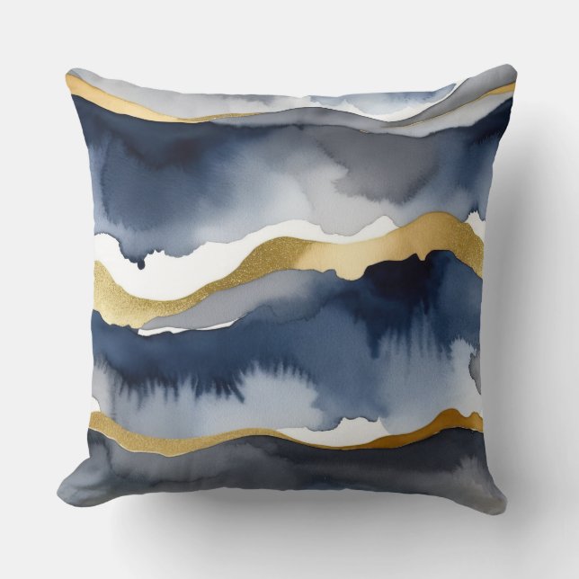 Blau-Weiß-Aquarell mit goldenem Akzent Kissen (Vorderseite)
